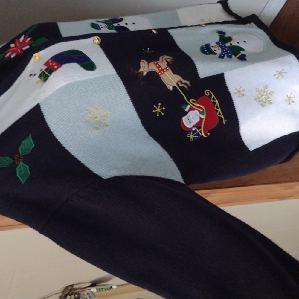 Women's Vintage Crystal Kobe Christmas Button Up Cardigan XL - Picture 2 of 8